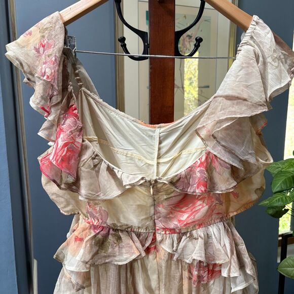 ASOS Curve Floral Patchwork Off‑Shoulder Cut‑Out Tiered Ruffle Midi Dress XL - Picture 6 of 9